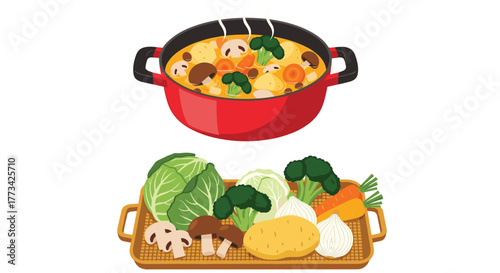 Freshly cooked vegetable stew simmers above a tray of colorful produce, promising a healthy and delicious meal soon to be enjoyed.