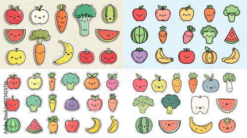 Cute cartoon fruits and vegetables with smiling faces, colorful kawaii food characters perfect for kids' design, stickers, education materials, and healthy lifestyle promotion.
