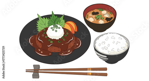 A delicious illustration of Japanese hamburger steak, rice, and miso soup with chopsticks ready to eat.