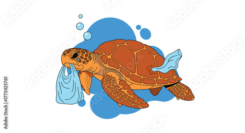 A crying cartoon sea turtle with a plastic bag caught in its mouth, surrounded by water with floating plastic, symbolizes ocean pollution.