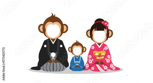 Cartoon monkey family dressed in traditional Japanese kimonos and hakama poses together.