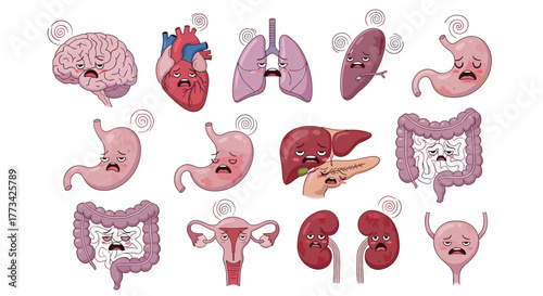Illustration of various human internal organs with sad expressions, suggesting illness or distress.