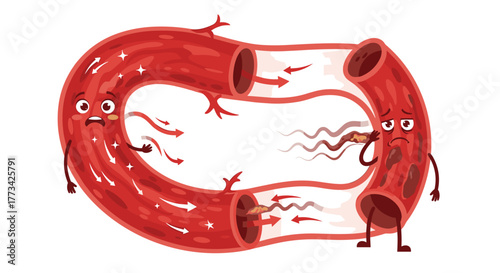 A cartoon illustration depicts a healthy blood vessel looking distressed at a clogged vessel, highlighting cardiovascular health issues.