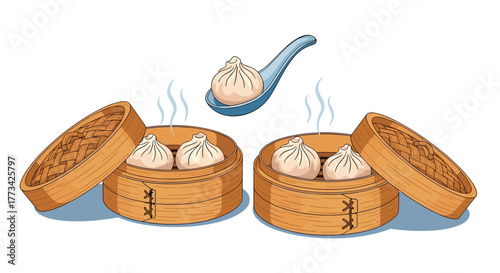 An illustration of steamed dumplings served in bamboo steamers with a spoon picking up one dumpling.