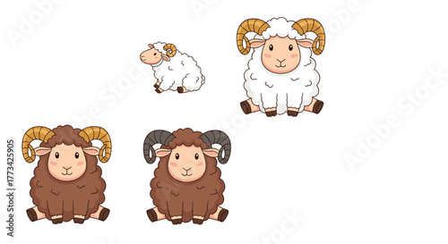 A group of cute cartoon sheep and rams with curly wool and horns, displayed on a white background.