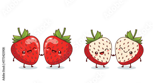 Adorable animated strawberries holding hands, demonstrating friendship and companionship against a clean white backdrop.