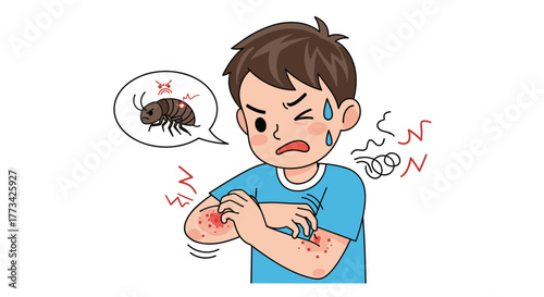 Young boy scratching his itchy arms due to a flea bite, looking distressed.