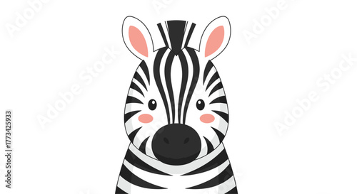 A cute zebra illustration with a whimsical cartoon style, featuring its black and white stripes and a soft pink blush on its cheeks.