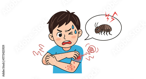 Cartoon illustration of a person with an itchy, irritated arm, likely from an insect bite, expressing discomfort.