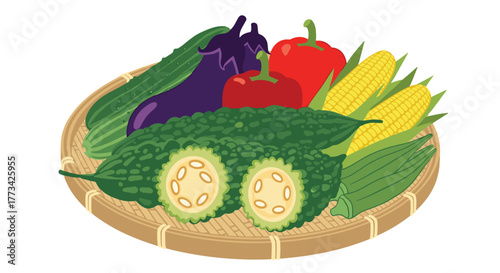 Illustration of a basket filled with various vegetables including cucumbers, eggplants, peppers, corn, bitter melon, and okra.