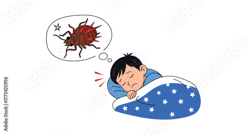 A young boy sleeps uneasily in bed, dreaming of a spiky brown insect with red spikes.