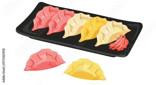 A platter of colorful dumplings is displayed with a side of pickled ginger, showcasing the variety and appeal of this Asian cuisine.