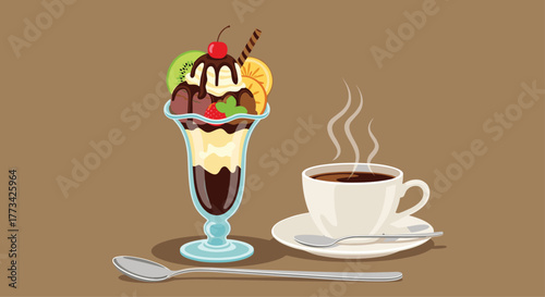 A delicious ice cream sundae with fruit and chocolate syrup next to a steaming cup of coffee.