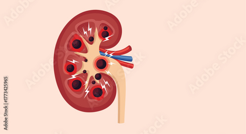 Illustration of a kidney with signs of disease, such as inflammation and possible kidney stones, against a light background.