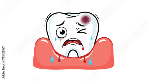A cartoon tooth with a cavity and bleeding gums expresses pain and distress, representing dental health issues and tooth decay.