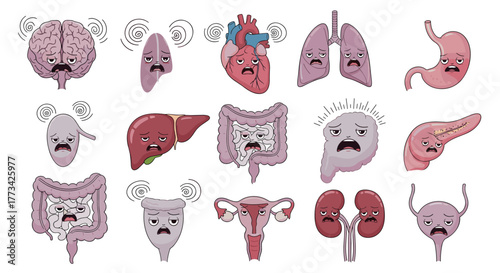 Cartoon illustrations of human organs depicting sadness or illness, possibly for medical or health-related content.
