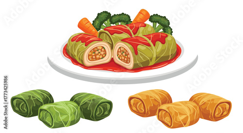 A vibrant and delicious plate of cabbage rolls, also known as golabki, with tomato sauce, broccoli, and carrots, and some rolls next to the plate.