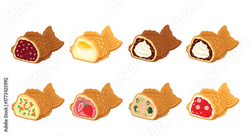 Eight types of colorful taiyaki fish-shaped cakes with various sweet and savory fillings displayed.