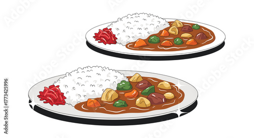 Delicious Japanese curry rice with tender meat and vegetables, served with white rice and bright red pickled ginger garnish.