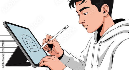 Man writing on tablet with stylus