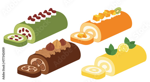 Four delicious swiss roll cakes with different flavors and toppings, ready to be enjoyed.