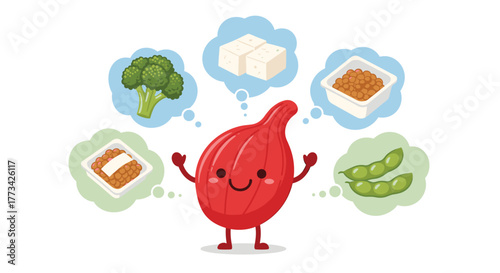 A happy red onion character contemplates healthy food choices like broccoli, tofu, natto, and edamame, promoting healthy eating.