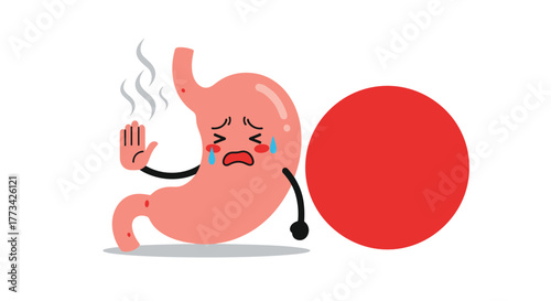 Sad stomach character crying and sweating from heat, holding up a hand to stop something, next to a red circle.