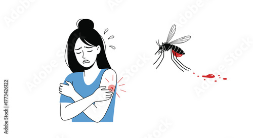 Woman feeling unwell after being bitten by a mosquito, showing symptoms of a possible disease or allergy after the insect bite.
