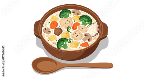 A steaming pot of hearty stew filled with vegetables, chicken, and mushrooms, served with a wooden spoon nearby.