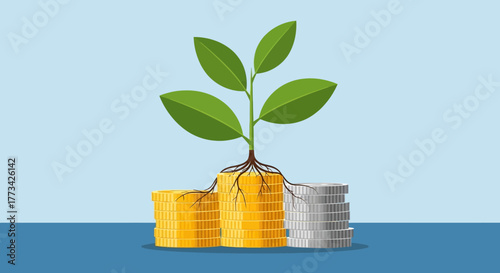 Money growth concept with plant roots and coins