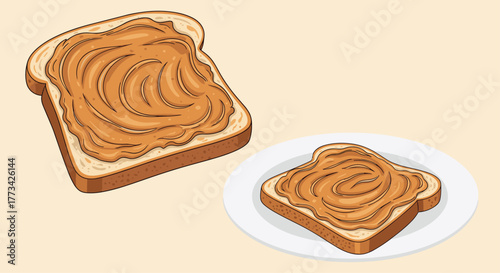 Two slices of toast with peanut butter are displayed on a neutral background.