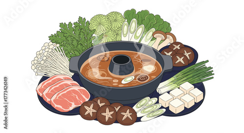 A delicious spread of fresh ingredients for a hot pot meal, including meat, mushrooms, and vegetables.
