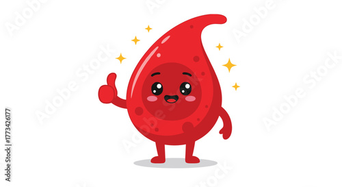 Cute red blood cell giving a thumbs up with stars around it, symbolizing health and positivity in a cartoon illustration.