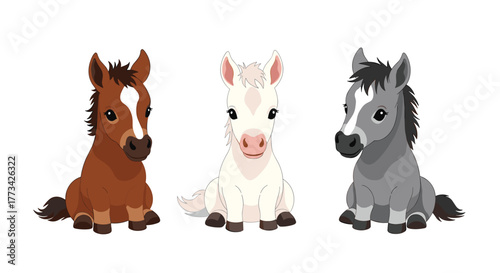 Three adorable cartoon horses, sitting side-by-side, in brown, white, and gray colors, showcasing a cute and friendly animal theme.