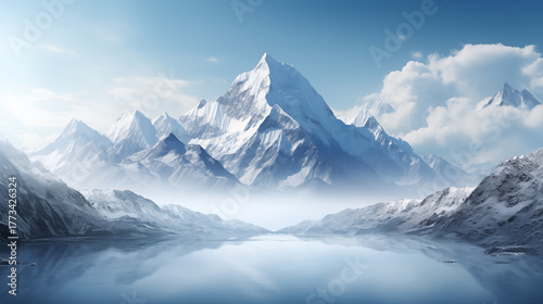 A majestic snow-covered mountain mirrored perfectly in a frozen alpine lake. The stillness and symmetry evoke a deep sense of calm and natural harmony.