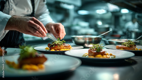 Professional chef plating food in modern restaurant kitchen