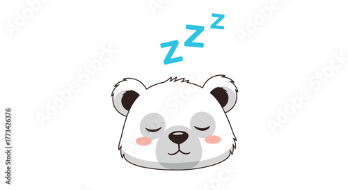 Cute cartoon polar bear sleeping peacefully with 'z' symbols floating above its head on a white background, representing rest and dreams.