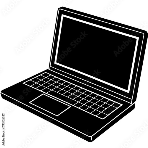 Black and white illustration of an open laptop computer