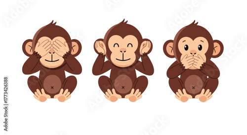 Three cartoon monkeys covering their eyes, ears, and mouth, symbolizing see no evil, hear no evil, speak no evil.