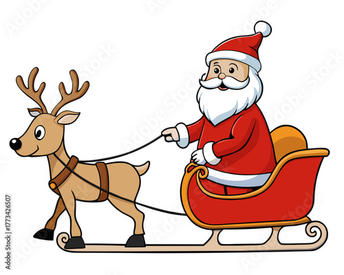 Cartoon santa claus riding a sleigh pulled by a reindeer