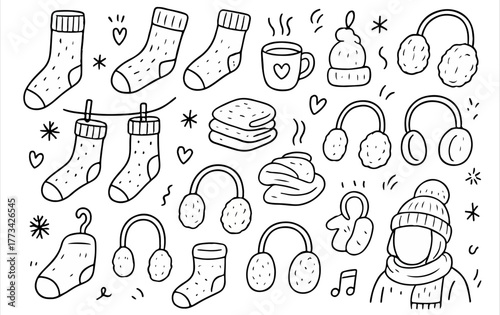 Hand-drawn Doodle Style Vector Set of Winter Socks and Earmuffs, Black Outline Sketch Illustrations, Isolated on White Background

