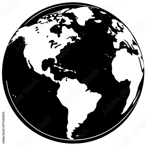 Stylized black and white globe showing the americas