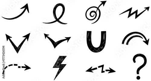 Hand drawn arrow collection, creative direction pointers, modern design elements for presentations
