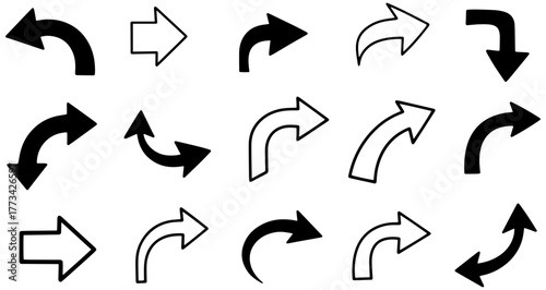 Dynamic collection of modern arrows pointing in diverse directions symbolizing movement and progress