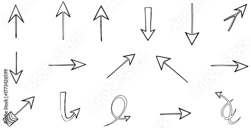 Dynamic hand-drawn arrow collection pointing in diverse directions for creative design projects