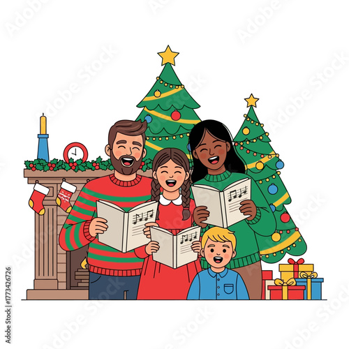 Family singing Christmas carols by the fireplace with Christmas trees.
