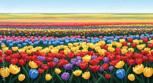 Vibrant tulip field illustration perfect for spring designs and backgrounds