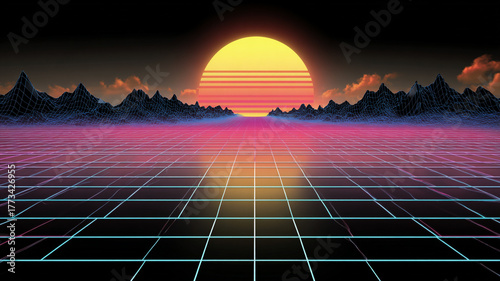 Retro 80s vaporwave wallpaper, neon grids and synthwave colors