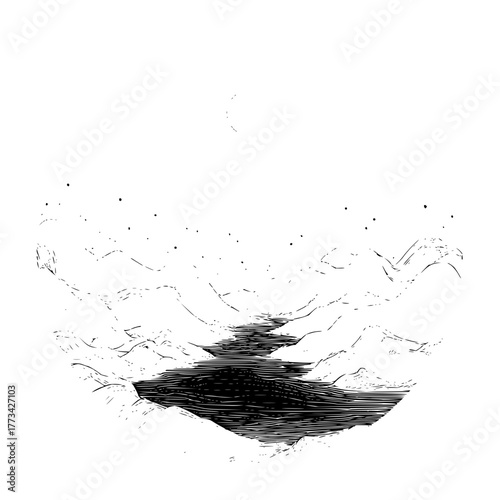 A monochrome landscape featuring a dark river flowing through hills under a starry sky and a crescent moon