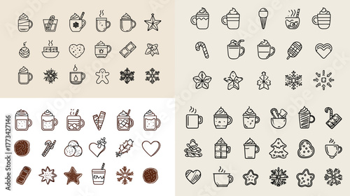 Minimal line icon set of coffee cups, cookies, and festive sweets with holiday themes. Perfect for café branding, Christmas packaging, winter menu design, and cozy food illustration projects.